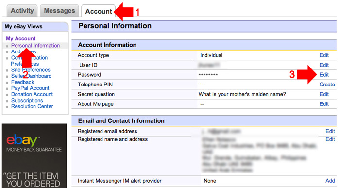 change ebay password step 2