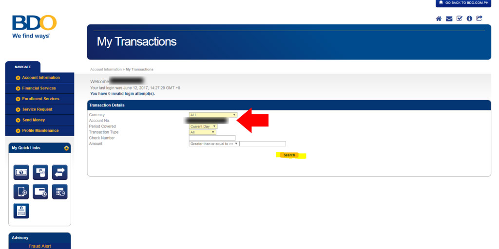 BDO-Transactions-Choose Account Number