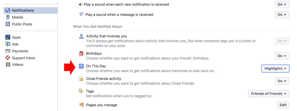 Facebook Memories settings