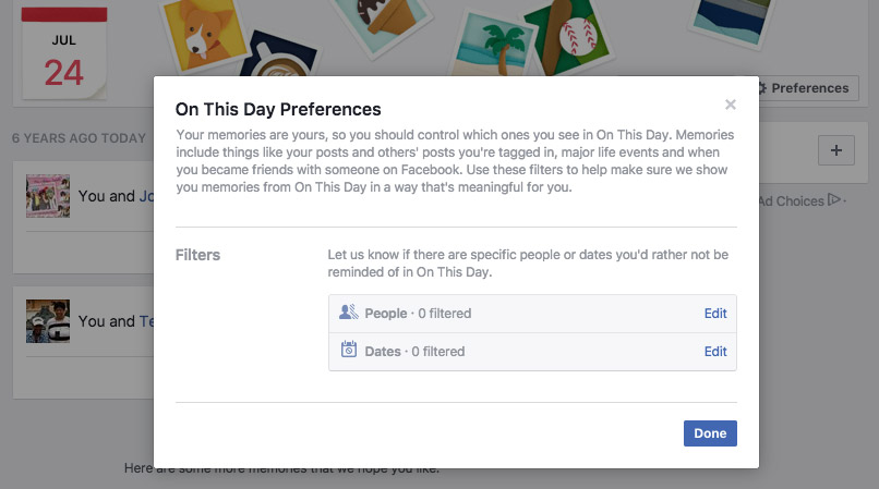 Facebook Memories Preferences