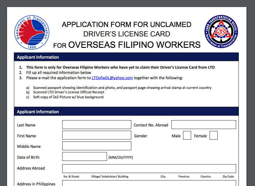 OFW-Unclaim-Driver's-License-Card-Application-Form