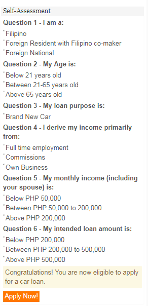 UnionBank Self-Assessment For Car Loan