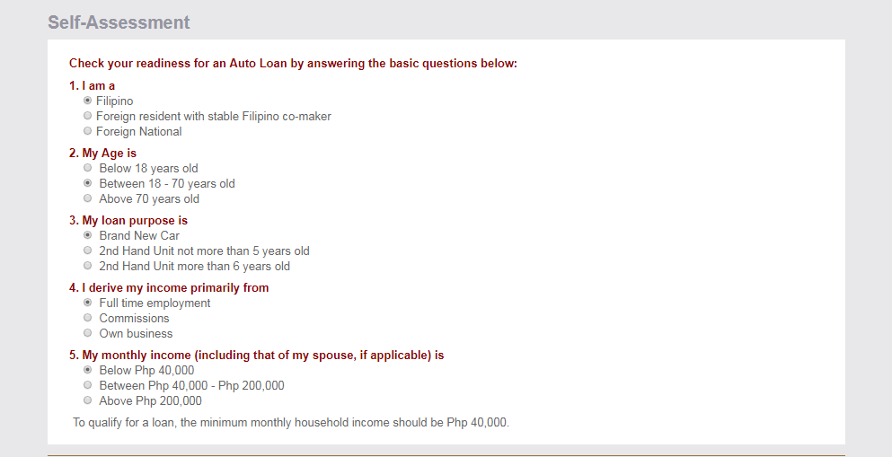 BPI Auto Loan Self Assessment tool 