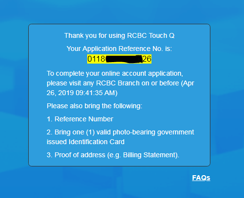 RCBC Telemoney Savings Account Confirmation