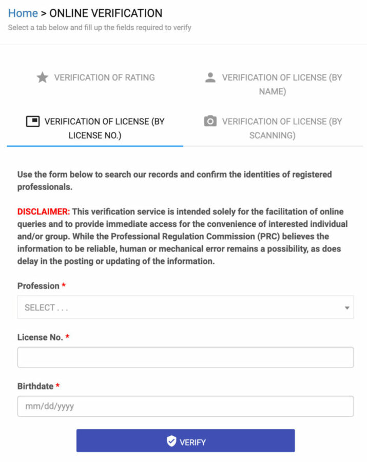 PRC Verification by License No