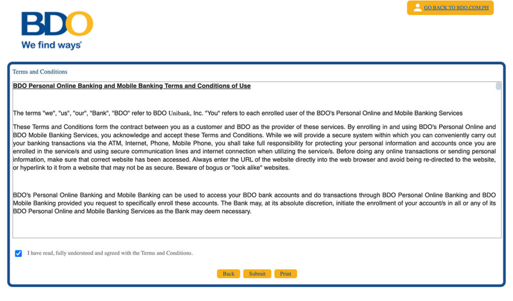 Register BDO Online Banking Step 2