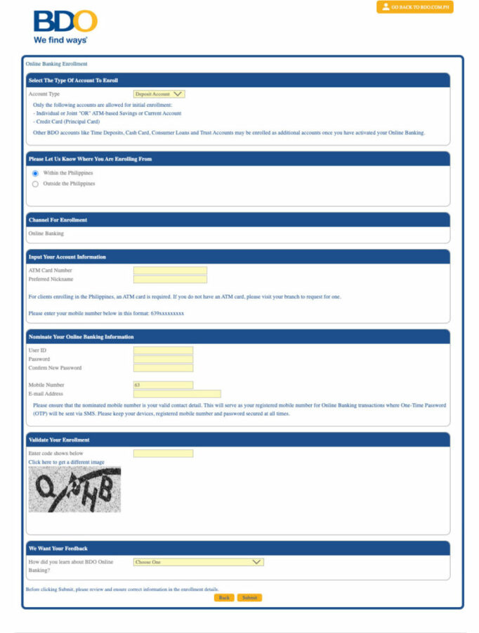 Register BDO Online banking Step 4 Enrollment form