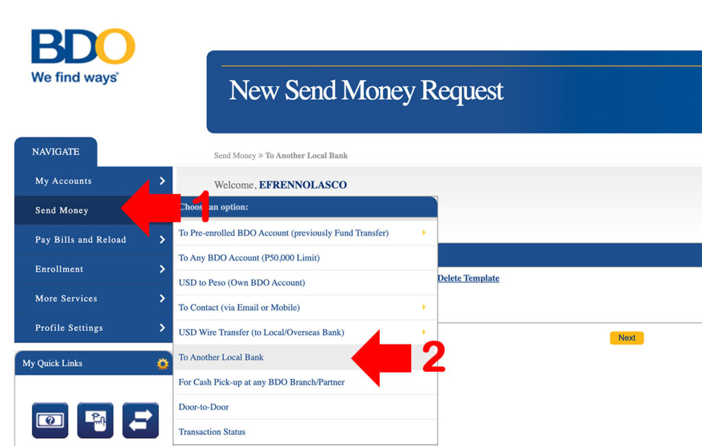 How to Transfer Funds to Other Local Bank using BDo Online