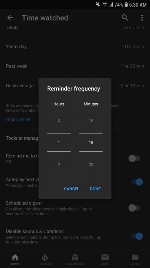 YouTube time watch reminder frequency