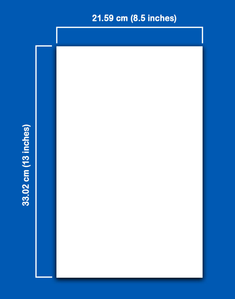 What is the long bond paper size in cm, mm and inches on MS Word