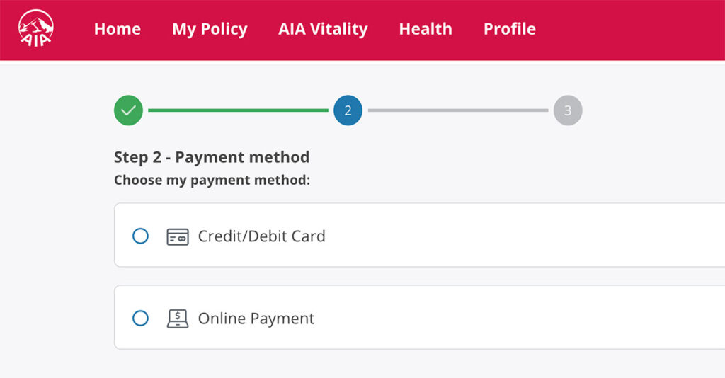 Pay AIA Insurance online select payment method